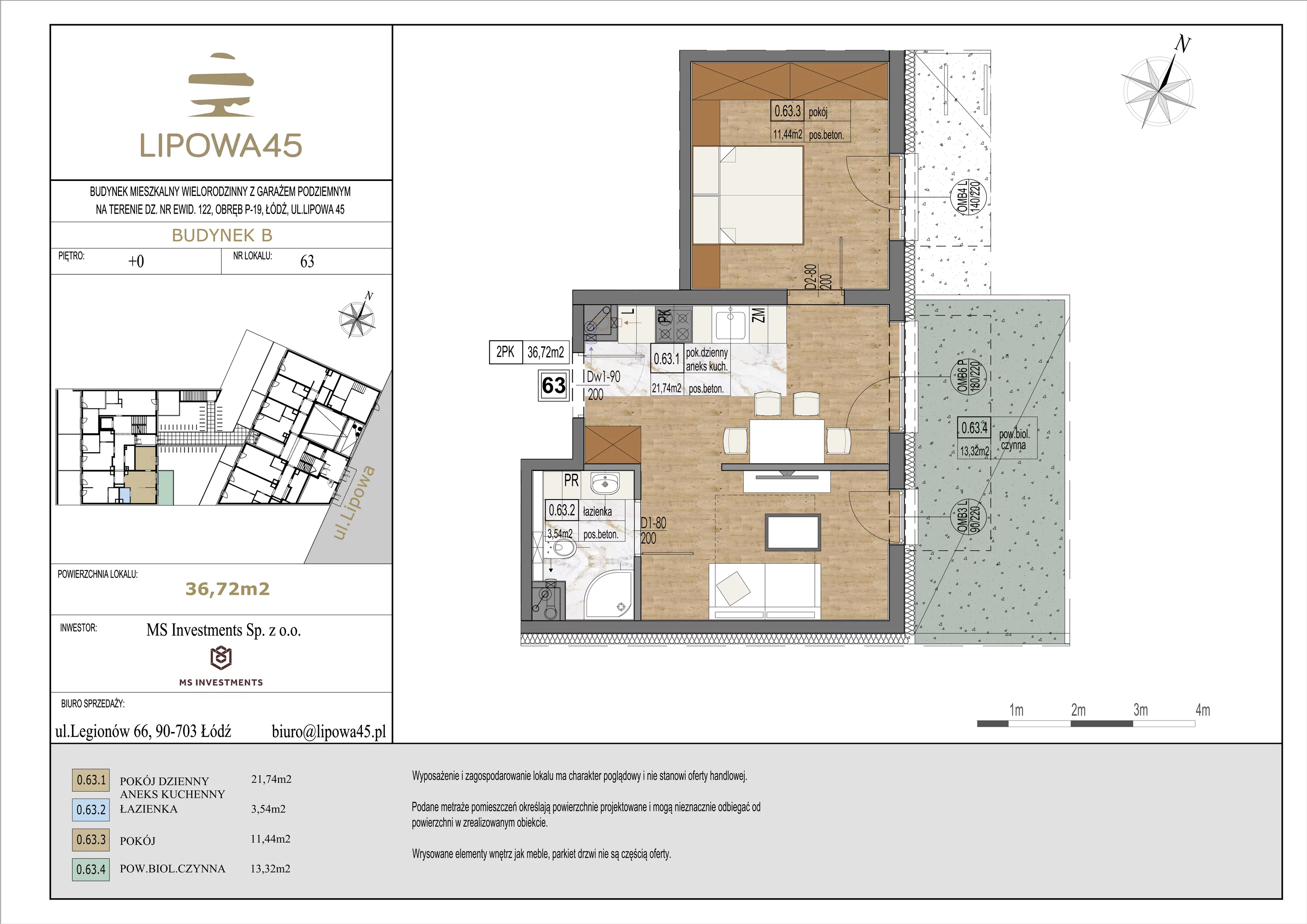 2 pokoje, mieszkanie 36,72 m², parter, oferta nr 63, Lipowa 45, Łódź, Polesie, ul. Lipowa 45